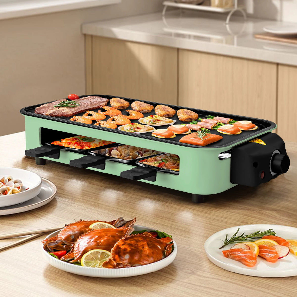 1500W 2-in-1 Electric Grill Pan Non-Stick Smokeless BBQ Grill with Removable Plate for Home Kitchen