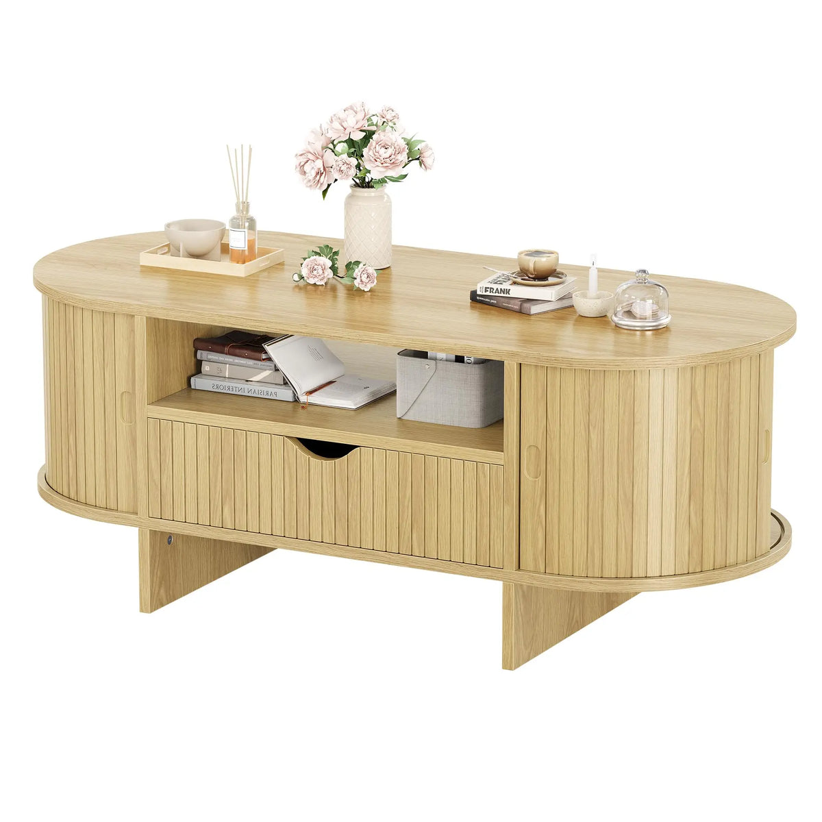 47.2in Oval Coffee Table With Storage, Modern Fluted Wood Center Table With Drawer & Sliding Door Cabinets For Living Room, Small Space