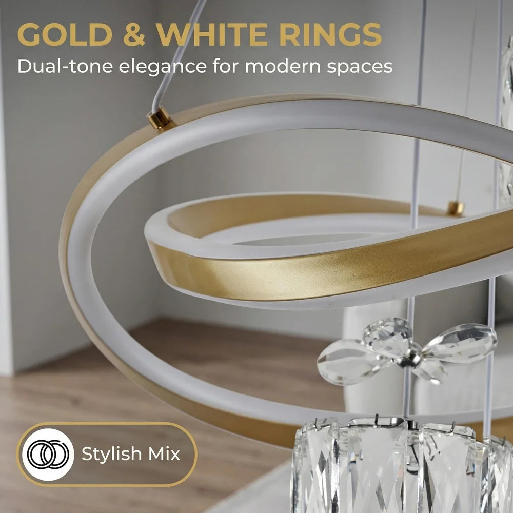 LED Pendant Light with a Crystal Lampshade, Featuring Three Adjustable Light Colors, Adjustable Height, and a Backlit Base; Suitable for Bedrooms, Living Rooms, and Above Dining Tables