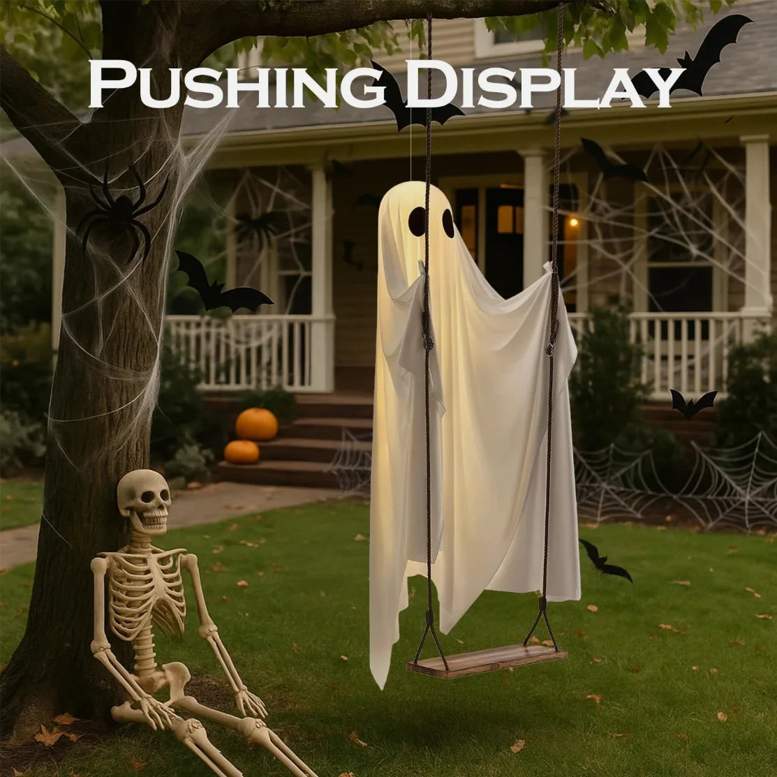 Large Outdoor Hanging Swing Ghost Halloween Decoration Light-Up Spooky Decor for Yard Party Halloween