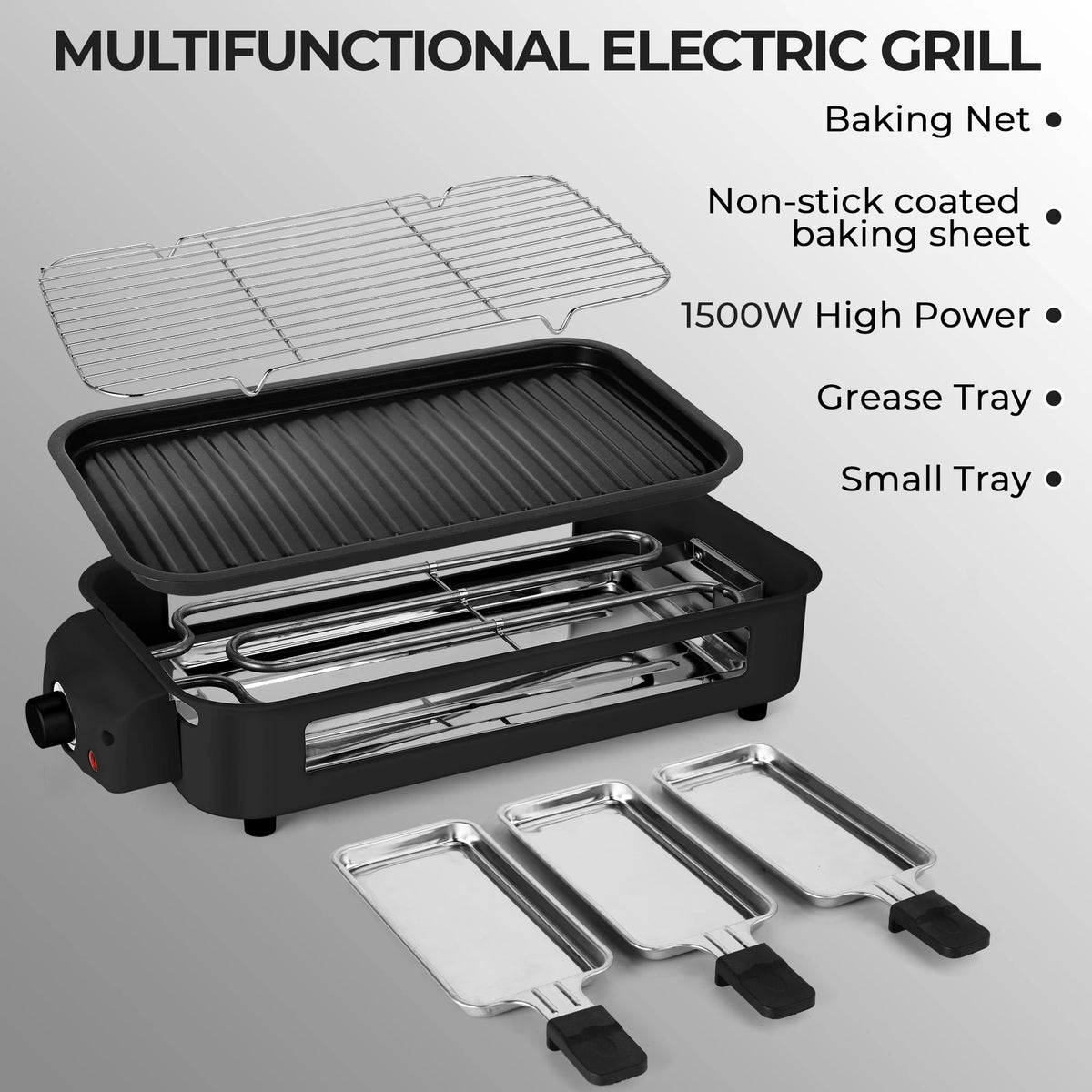 1500W 2-in-1 Electric Grill Pan Non-Stick Smokeless BBQ Grill with Removable Plate for Home Kitchen