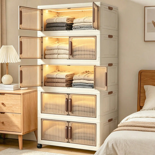 [Extra Large] Space Saving Storage Cabinet, Stackable Storage Boxes, 2/4/5Tier Foldable Storage Cabinet With Wheels&Lids, Lidded Storage Bins Organizer For Entrance, Corridor, Bedroom, Wardrobe, sh260623111921400396300