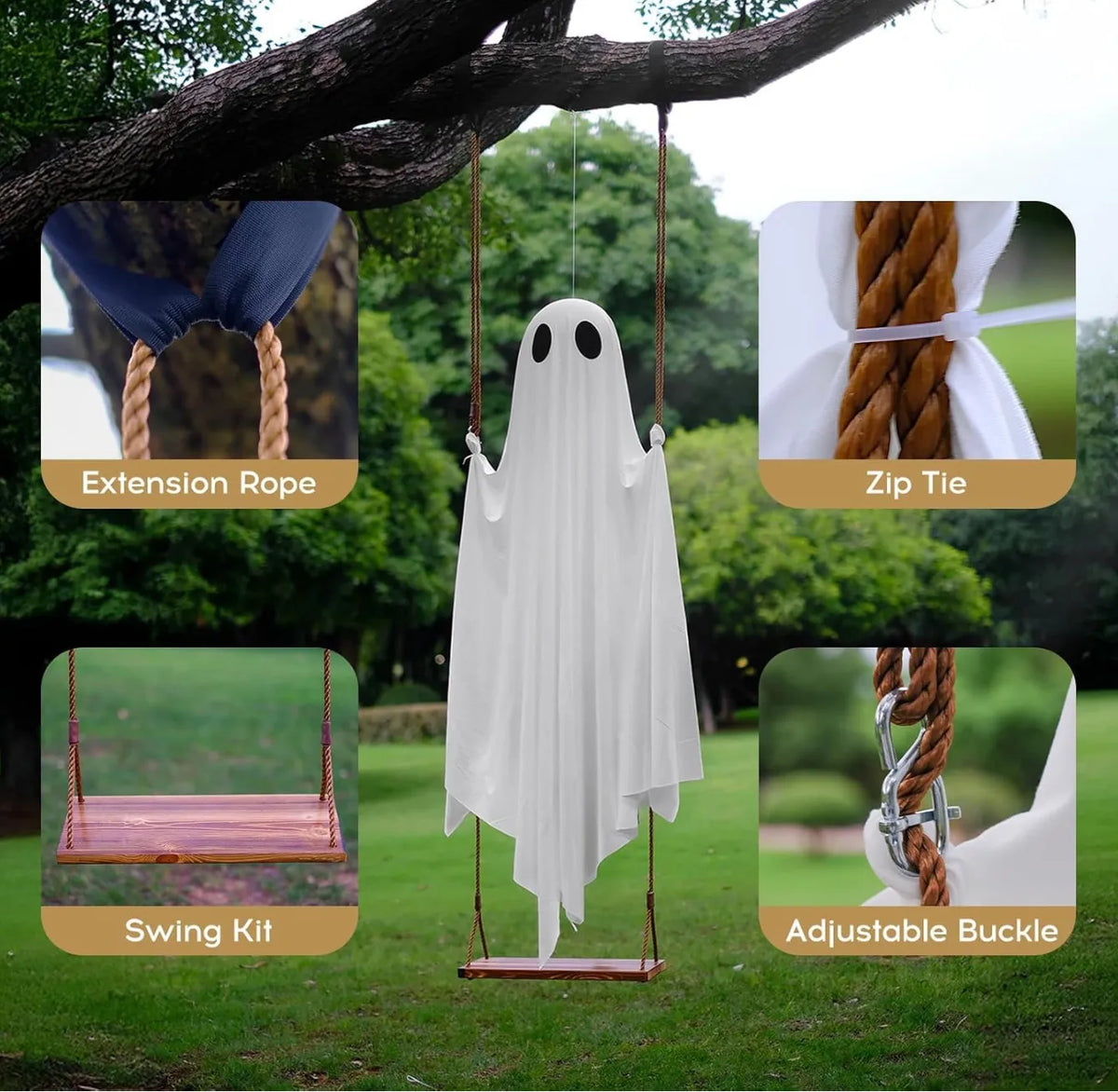 Large Outdoor Hanging Swing Ghost Halloween Decoration Light-Up Spooky Decor for Yard Party Halloween